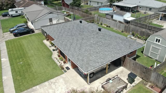 Aerial drone view of completed shingle roof